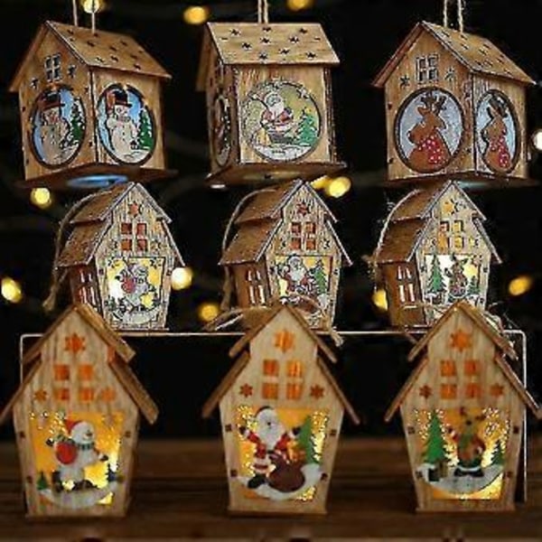 LED Upplyst Trähus Julhus Lysande Snögubbar Byhus Glödande Timmerstuga Upplyst Hängande Ornament Bord