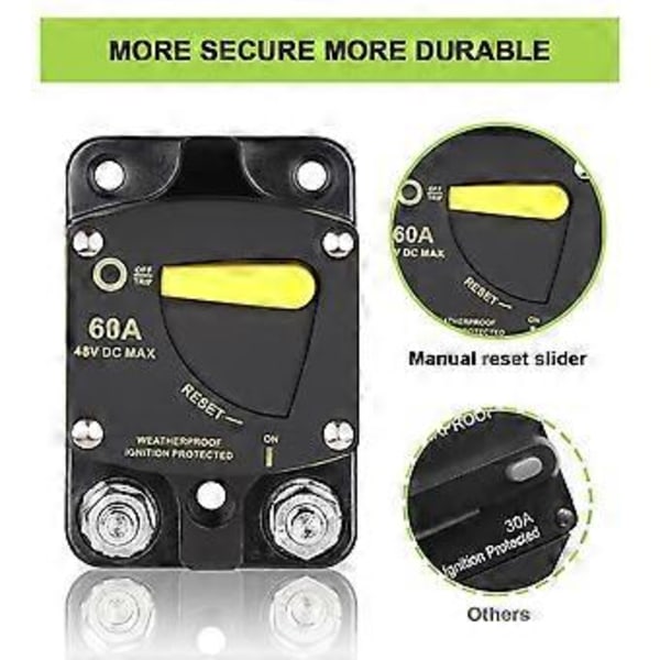 60 Amp Sikring DC 12V-48V med Manuel Reset-kontakt til RV Bil Audio Båd Trolling Motor Stereo Audio
