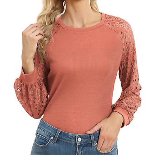 Hollow Lace Splicing Långärmad Skjorta Dam Trendig Lös Casual Enfärgad Rundhals Blus Toppar Vattenmelon Röd S