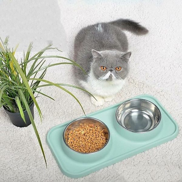 Vandtæt skridsikker kæledyr dobbelt skål med måtte fodring bakke forsyninger kæledyr fodring silikone mad måtte hund placemat feeder skål Grøn