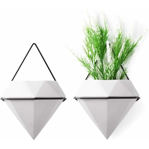 Diamantväggplanterar Geometriska Väggvaser Set om 2, Keramiska Monterade Suckulenta Växtkrukor Kaktus Blomkrukor Vita Moderna Inomhus