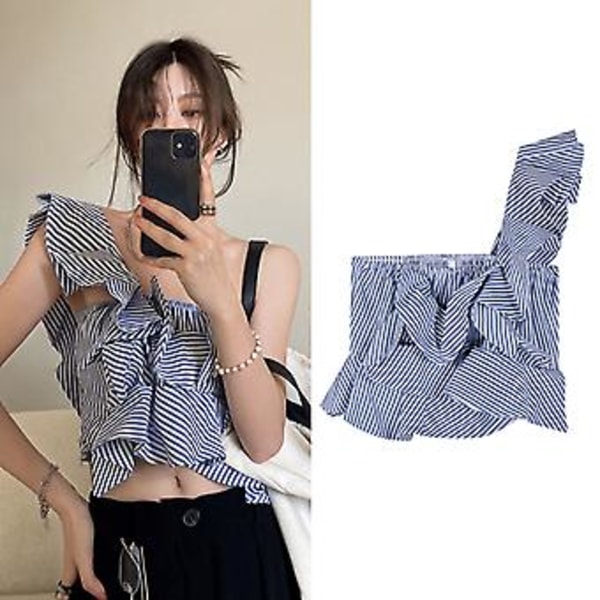 Dame Stribet Enkelt Skulder Bluse Irregulær Ærmeløs Rynket Ryg Flæse Dekoration Trendy Pigeagtig Bluse Stribet Print L
