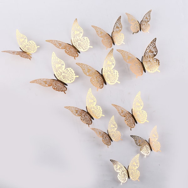 3D-fjärilsväggdekoration 48 delar 4 stilar 3 storlekar, guld