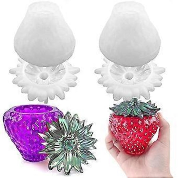 2 STK Jordbærkrukke Resin Form med Låg, Sød Opbevaringskrukke Silikoneform til Epoxy Resin, Smykkeskrin Beholder Resin Form