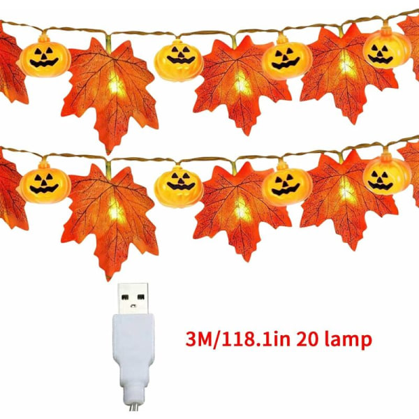 Thanksgiving Halloween Batteriboks LED Lønneblad Fe Lys Innendørs og Utendørs Dekorative Fe Lys 3M 20 Lys USB Halloween Klistremerke