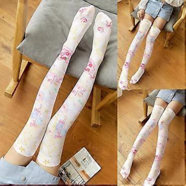 Dam Lolita Tecknade Lårhöga Strumpor Söta Kawaii Ballong Gris Jordgubbstårta Tryck Cosplay Över Knä Långa Strumpor