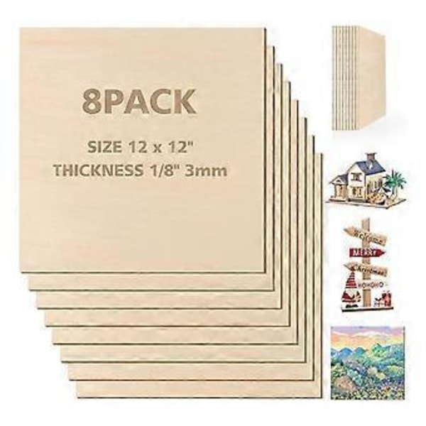 12 x 12 tuumaa - 3 mm bassopuulevyt vanerilevyt, 8 kpl neliömäinen viimeistelemätön puulevy DIY-askarteluun, laserleikkaus