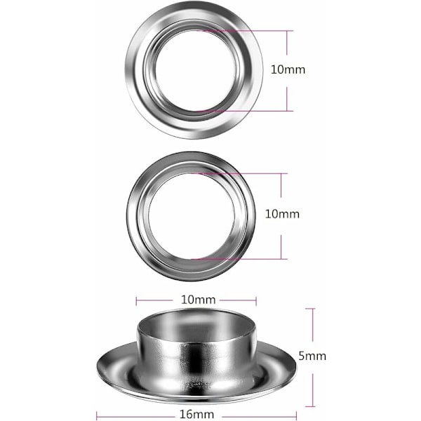 Grommet-kitverktyg 10mm metalliska öljettset 100 set grommet-kit öljetter för canvas presenning tältreparation silver (2/5 tum)