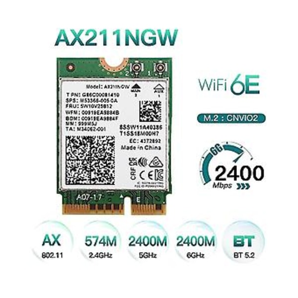 Ax211ngw Wifi 6e M.2 Key E Cnvio2 Dobbel 2.4ghz/5ghz Trådløs 802.11ac Tann 5.
