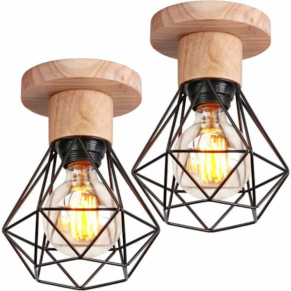 2 stk. Industriell taklampe, innfelt taklampe, pendellampe, metalltre, hengelampe for gang, soverom, trapp, svart