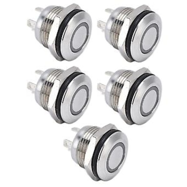 5 stk. Knapkontakt Rustfrit Stål Flad Top Knap med LED Selv Nulstilling Strømtilbehør 12mmDC3‑6V Hvid