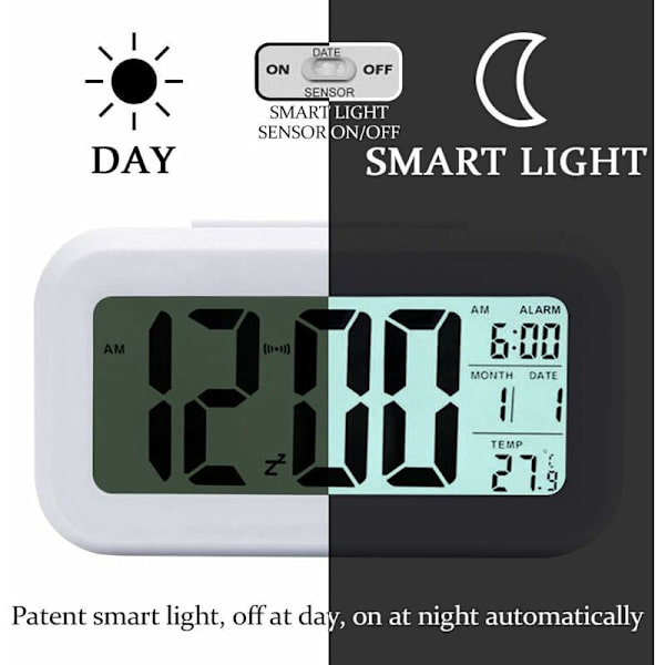 Hvid digitalt trådløst batteridrevet vækkeur med dato, temperatur, smart sensorlys, 12/24 timer, SChristmasze til soveværelser, Offi