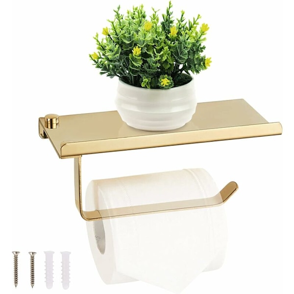 Toiletpapirholder med rummelig hylde vægmonteret - Guld Toiletpapirholder i rustfrit stål til køkken og badeværelse