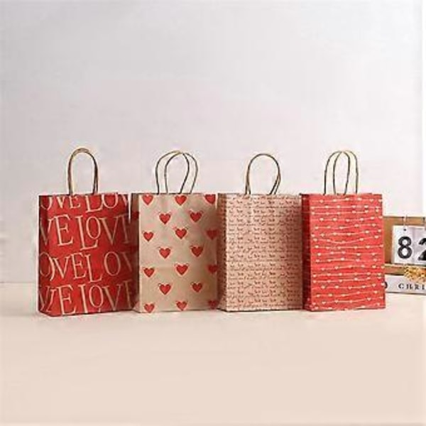 E 24 stk. Valentinsdag Gaveposer, Slikposer Godteposer med Håndtag Hjerte Kærlighed Papirposer til Bryllup og Valentinsdag