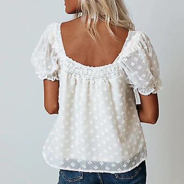 Dame Schweizisk Prik Top Sprede Krave Pufærme Dobbelt Lag Ren Farve Løs T-shirt Hvid S