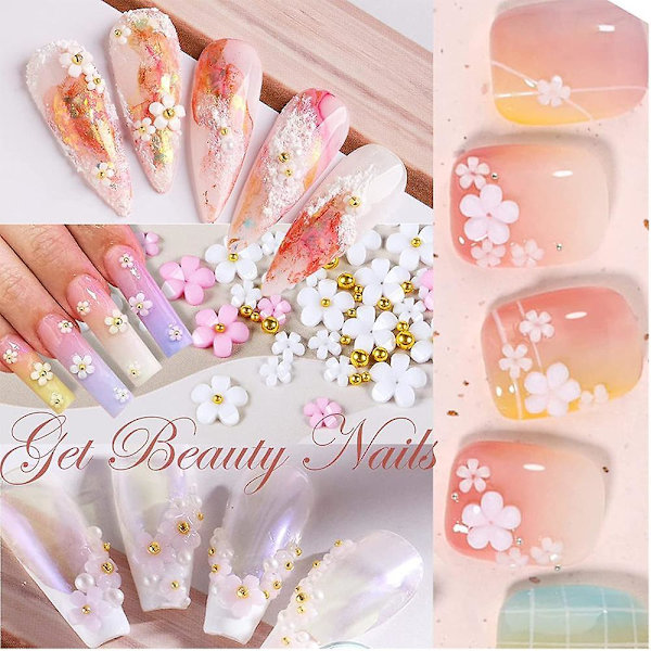 Akrylblommor 3d nageldekorationer blandad storlek vita platta hartsblommor 3d nagelkonstdesign
