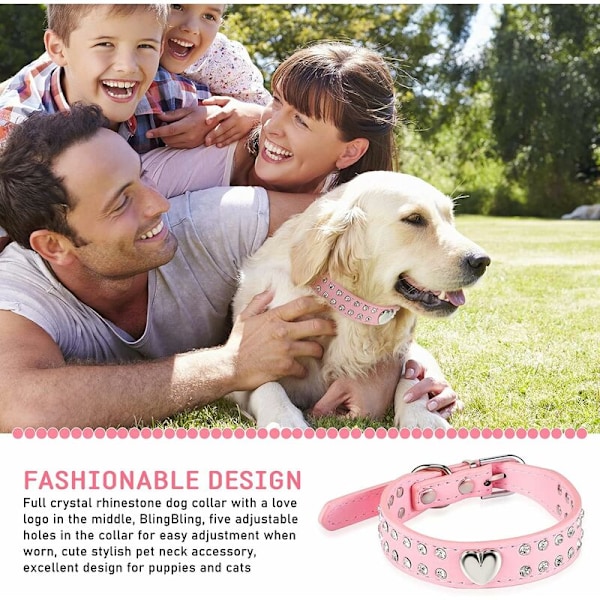 1 stk. Justerbar krystal hundehalsbånd bling rhinsten kæledyr krave hjerte nittet PU læder hundehalsbånd til små og mellemstore hunde, M størrelse