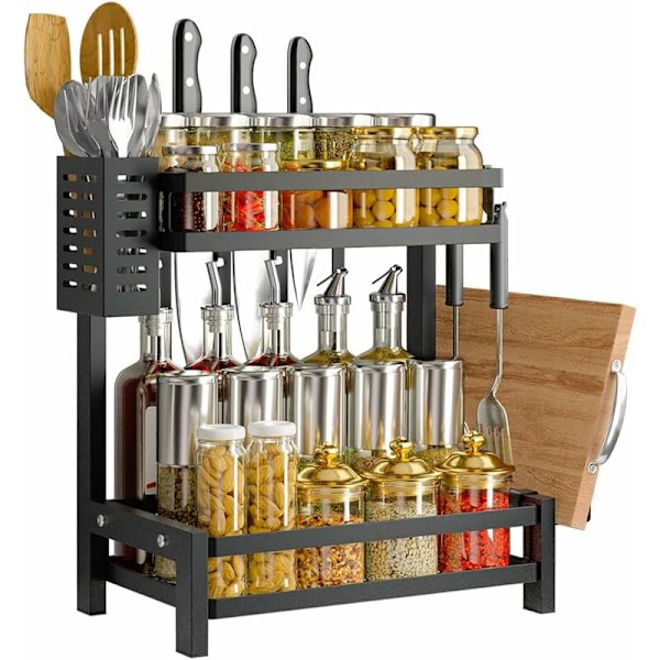 2 Tier Stainless Steel Spice Rack for Kitchen Storage, Spice Rack, Countertop Kitchen Organizer with Utensil Holder, Cutting Board Holder, Black