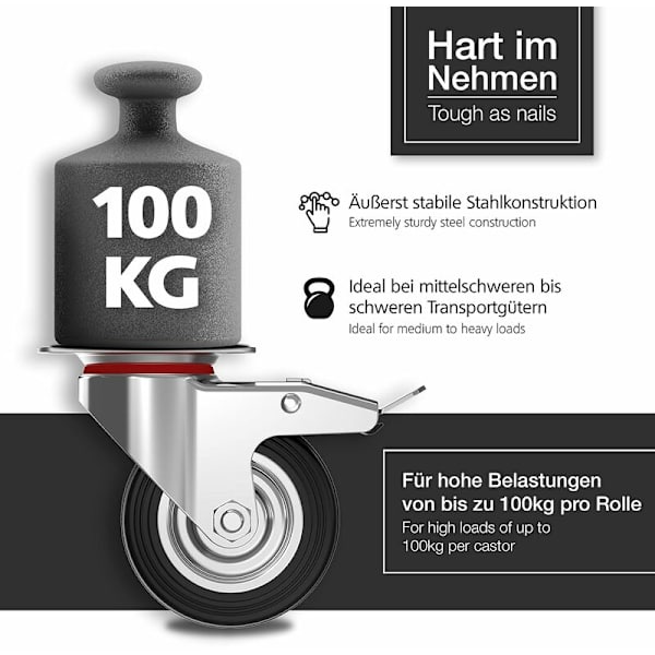 Set med 4 kraftige hjul på 125 mm - Svingbare hjul med brems opptil 100 kg per hjul - Solide gummihjul for industriell bruk innendørs og utendørs