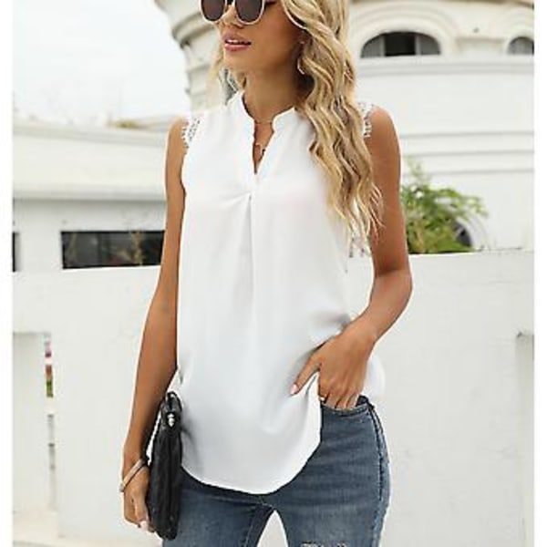 Tanktopp for kvinner V-hals Blondekant Løs Passform Ensfarget Kul Chiffon Casual Skjorte for Daglig Bruk Hvit XL