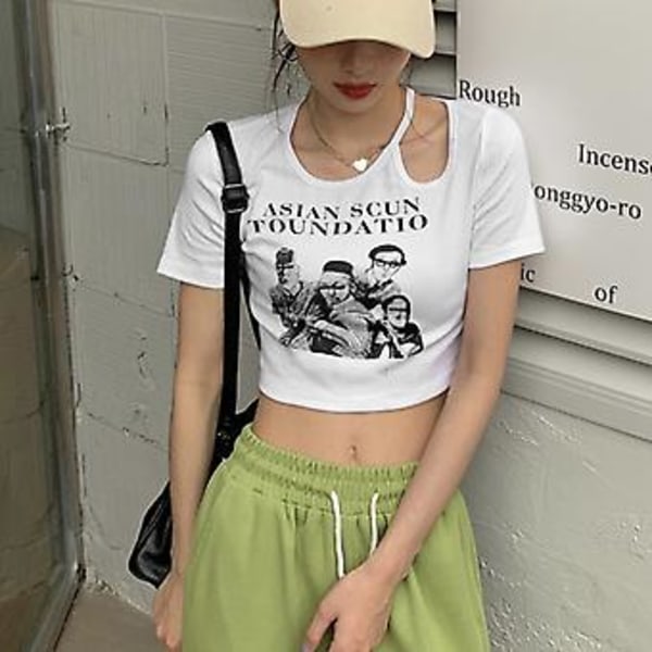 Naisten Crop Top Retro Leikattu Mukava Lyhythihainen Kesä T-paita Päivittäiseen Vapaa-aikaan Ostoksille Valkoinen M