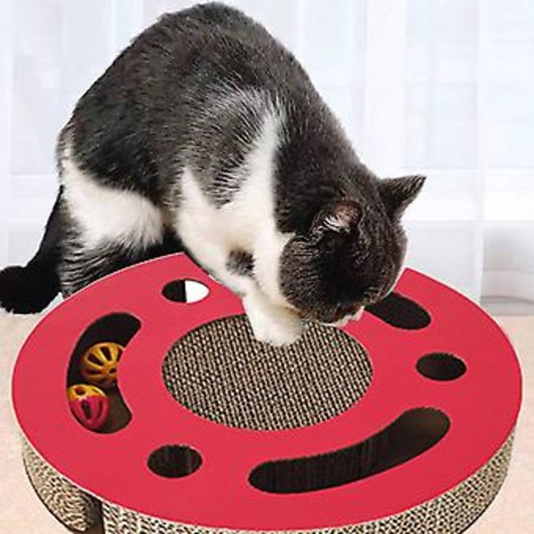 Kattklösbräda Leksak 3 i 1 Interaktiv Förtjockad Rund Korrugerad Kattunge Klösleksak med Bell Ball Röd