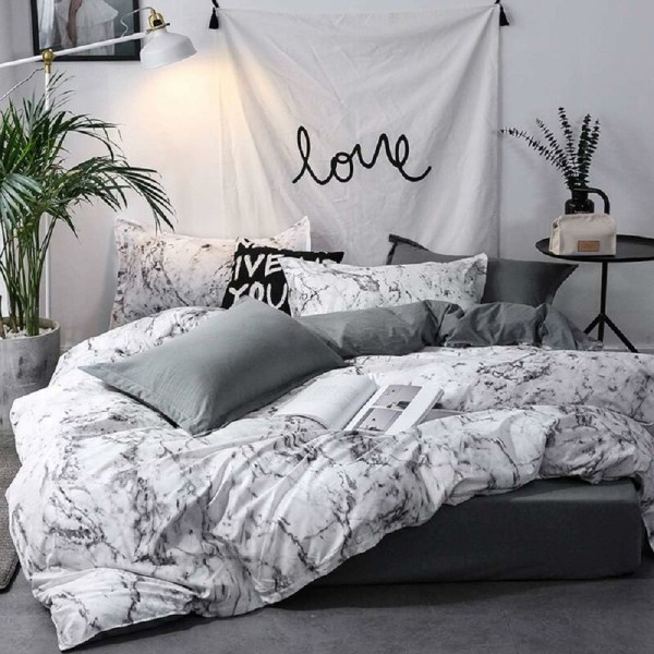 Hvit Marmor Look 3-delt Sengetøysett Charcoal Grå Marmor Mønster Charcoal Grå Dynetrekk Dobbeltseng med Glidelås Trykt Begge Sider for M