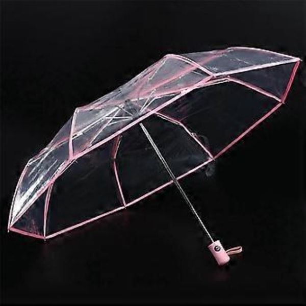 Transparent Paraply Automatisk Paraply Regn Kvinder Mænd Auto Paraply Kompakt Foldbar Vindtæt Stil Klar paraply, Transparent + pink kant