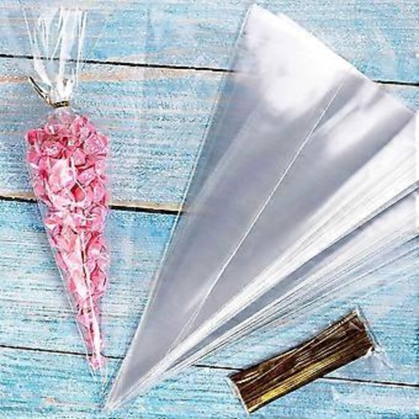 200 stk. slikposer Cellofan Popcornposer Kegleformede kageopbevaringsposer med gyldne twistbind Bryllup Fødselsdagsfest Gaver