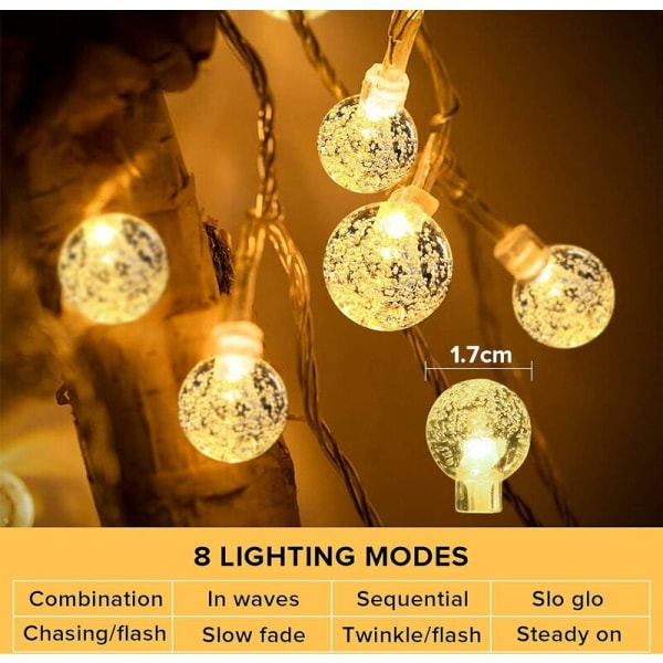 Fe-lys (varm hvid), 10M 80 LED kugle-fe-lys, IP65 indendørs/udendørs fe-lys dekoration til jul Halloween soveværelse have[Energi C