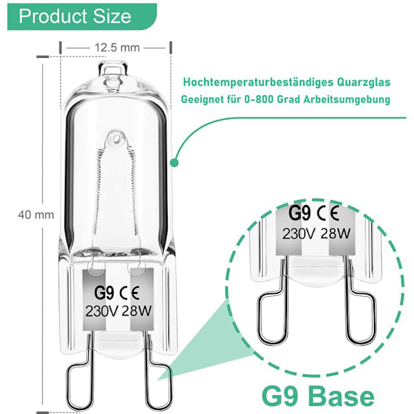 G9-lampa 28W 230V dimbar varmvit, G9-halogenlampa 300°C tolerans, G9-ugnslampa för mikrovågsugn spis taklampor, 12-pack [Energiklass E]