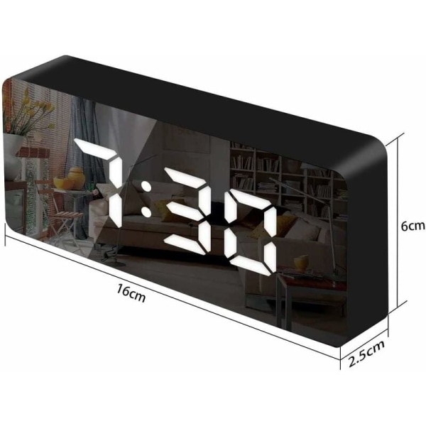 Peiliherätyskello, digitaalinen herätyskello päivämäärällä/lämpötilalla/ torkulla/ 2 hälytyksellä/ USB-latausportti LED-näyttö, matkalle makuuhuoneen toimistokeittiöön