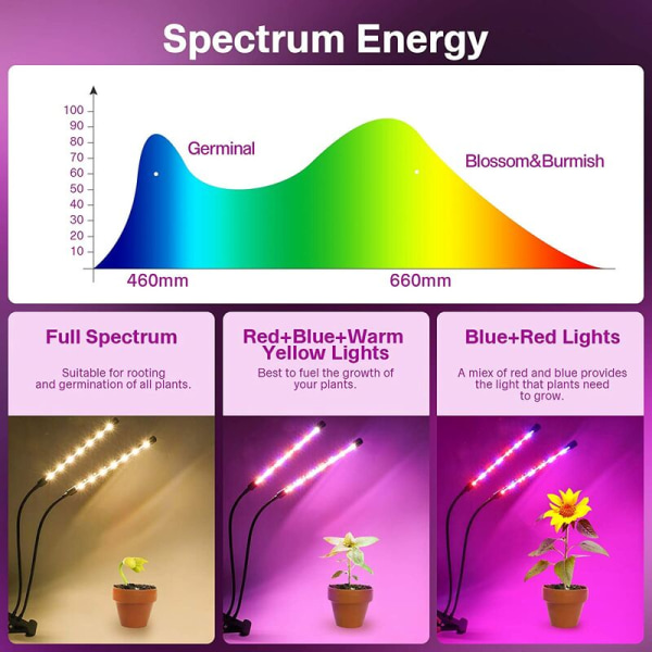Vækster til indendørs planter 20W, LED vækstlys fuldt spektrum med timer, 360° justerbar svanehals plantevækstlys med bordklemme, 3 lystilstande