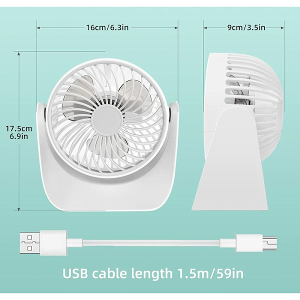 Stille USB-ventilator, Mini-bordventilator 3 hastigheder, 360° rotation Lille kraftfuld bærbar bordventilator til soveværelse bil camping udendørs (hvid, ingen batteri)