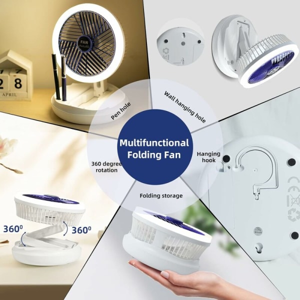 Usb-vifte, bordvifte med LED-lys justerbar USB-vifte med oppladbar batteri stille 4 hastigheter sammenleggbar og hengende 360° rotasjonsvifte