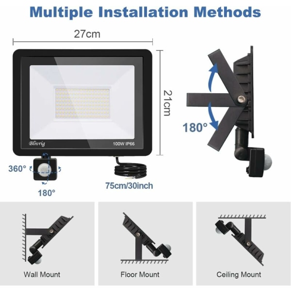 Utendørs bevegelsessensorlys 100W, 10000LM utendørs LED-flomlys IP66 vanntett kraftig utendørs LED-spotlight, kald hvit (6000K) for hage, uteplass, garasje, sikkerhet
