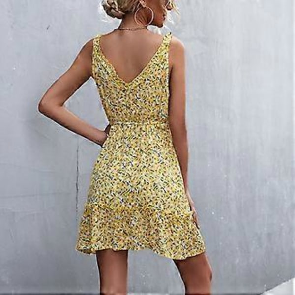 Trendy Hvid Gul Blomsterkjole - Stilfuld Ærmeløs Flæsekant Rygløs Slå-om V-Hals Sommer Mode, M