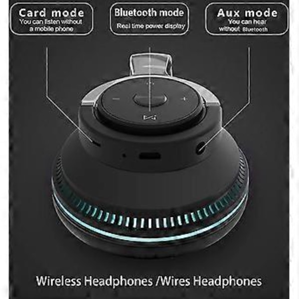 Bluetooth-kuulokkeet korvan yli, LED-valolla varustetut langattomat kuulokkeet korvan yli Hi-fi Stereo Taitettavat langalliset kuulokkeet mikrofonilla yhteensopivat (musta)