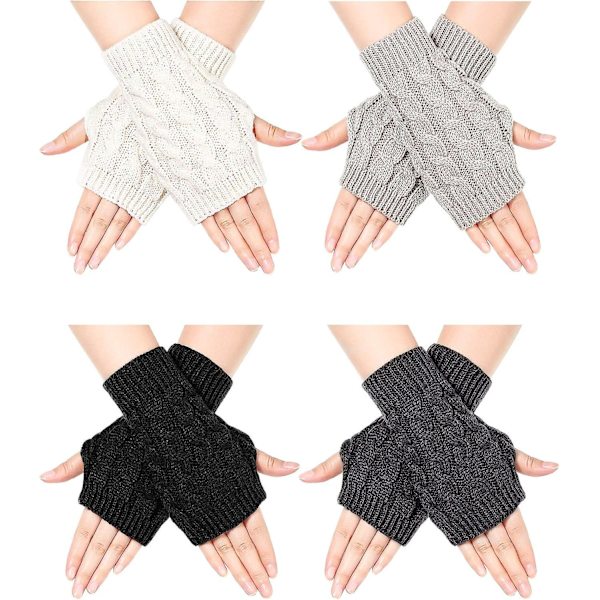 4 par fingerløse handsker med tommelfingerhul Vinterstrikkede armvarmere Luffer til kvinder (sort, hvid, mørkegrå, lysegrå 20 cm)