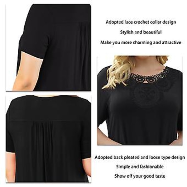 Dame Kortærmet T-shirt Blonde Hæklet Krave Plisseret Ryg Ensfarvet Sommer Top til Hverdagsbrug Sort L