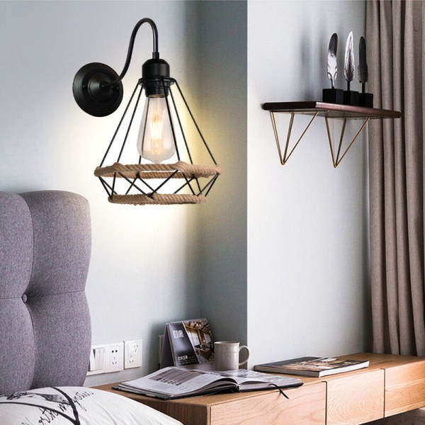 Retro Væglamper Sort Cage Væglampe Metal Hamp Rope Wall Sconce - 1 Pakke