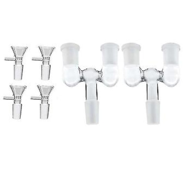 Glassrøradapter, 2 stk. 14 mm hann til dobbel 14 mm hunn adapter med 4 stk. 14 mm transparent glass traktadapter, gjenbrukbar