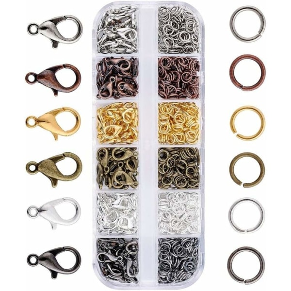 6 färger (cirka 140 stycken) hummerlås i metall + 6 färger (cirka 990 stycken) delade metallringar för halsband armbandssmycken