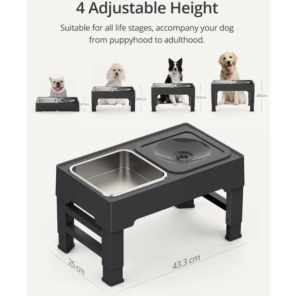 4 höjdförhöjda hundskålar, förhöjt stativ med 1,6 l rostfri matskål och 1,1 l stänksäker hundvattenskål för medelstora och stora hundar-Bla