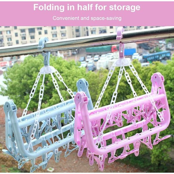 Sock Drying Rack med 32 klämmor Hängande torkställ Kan roteras och vikas 360¡ã Rosa