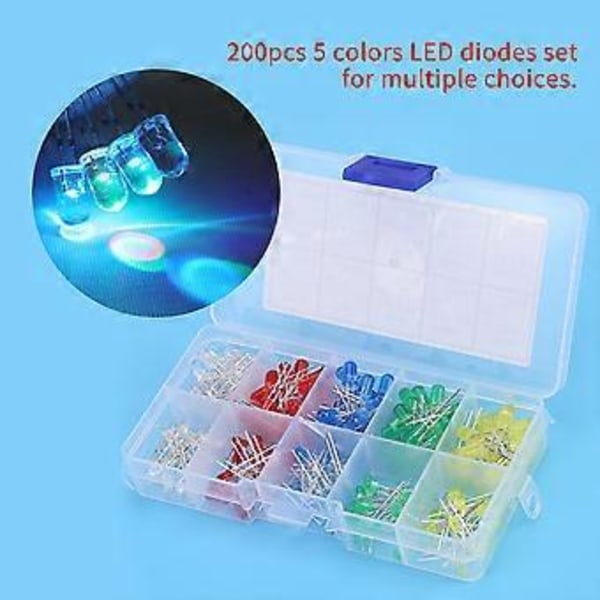 200 stk. 3 mm 5 mm Rød Gul Hvid Grøn Blå Assorteret LED-dioder Lys Kit Sæt