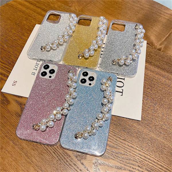 15cm Elegant Telefon Vit Pärlor Förlustskydd Rem Kedja Kristaller Remmar