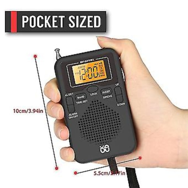 Bärbar Radio Mini AM FM Väderradio Fickradio LCD-skärm Digital Väckarklocka Radio Spelare