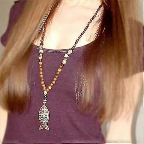 Nepal Buddhist Mala Perle Anheng Halskjede Etnisk Horn Fisk Lang Smykker