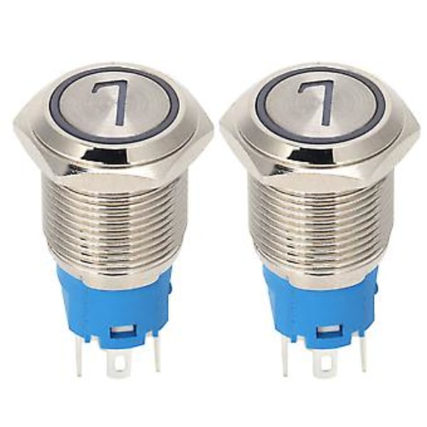 2 stk. 5-pins trykknappbryter i rustfritt stål 16 mm, selvtilbakestillende bryter med lys, 7-24VDC, hvit, vanntett, slitesterk, for bil, båt, industri